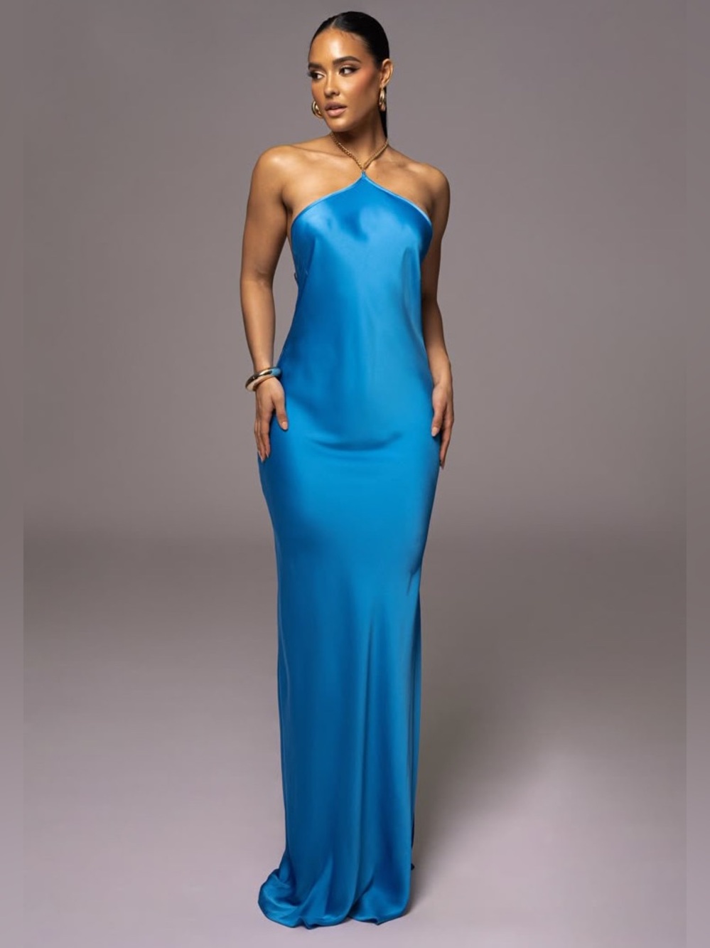 Luxxel Women’s Blue Halter Maxi Dress Size Small Sleeveless Bodycon Formal